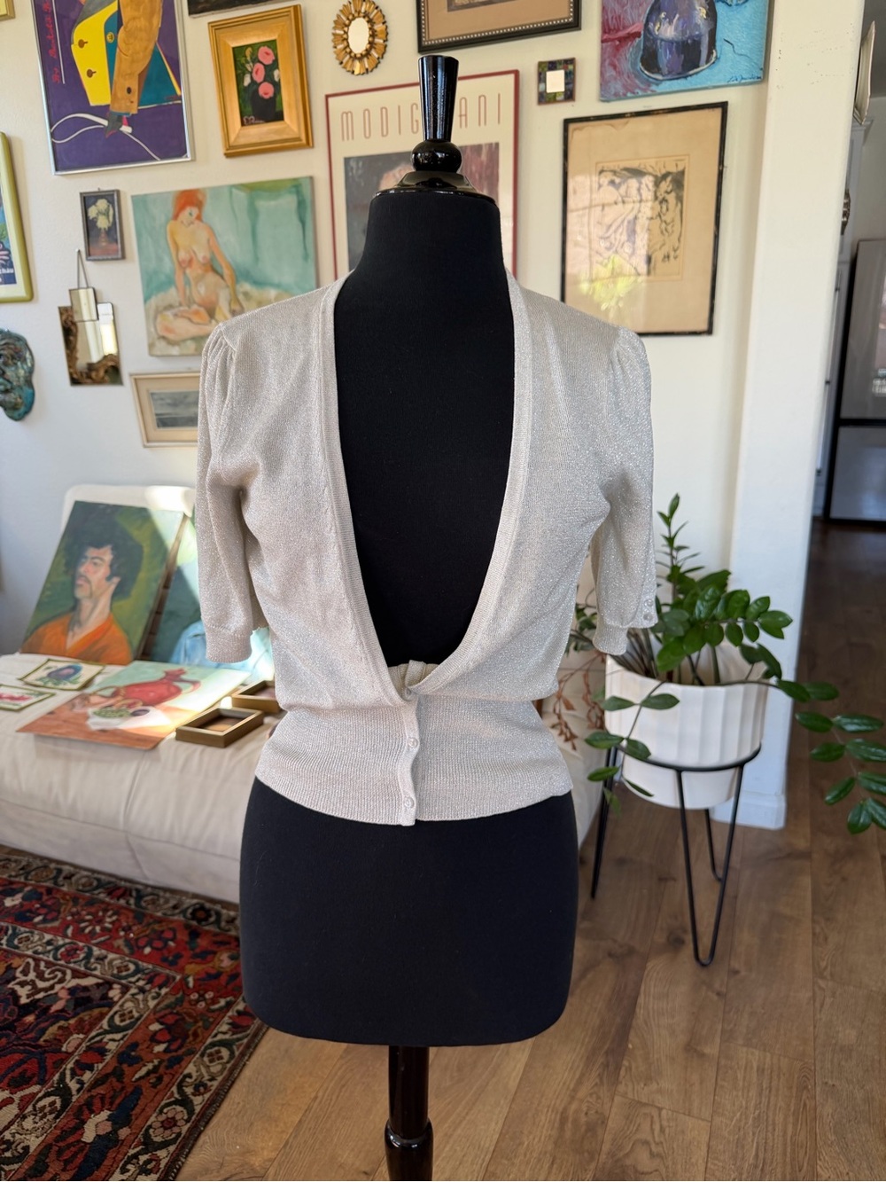 Metallic Silver Silk Blend Retro Inspired Glam Feminine Cardigan